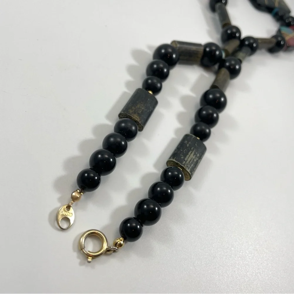 Vintage Japan Gold Tone Ceramic Black Gold Beaded Statement Necklace